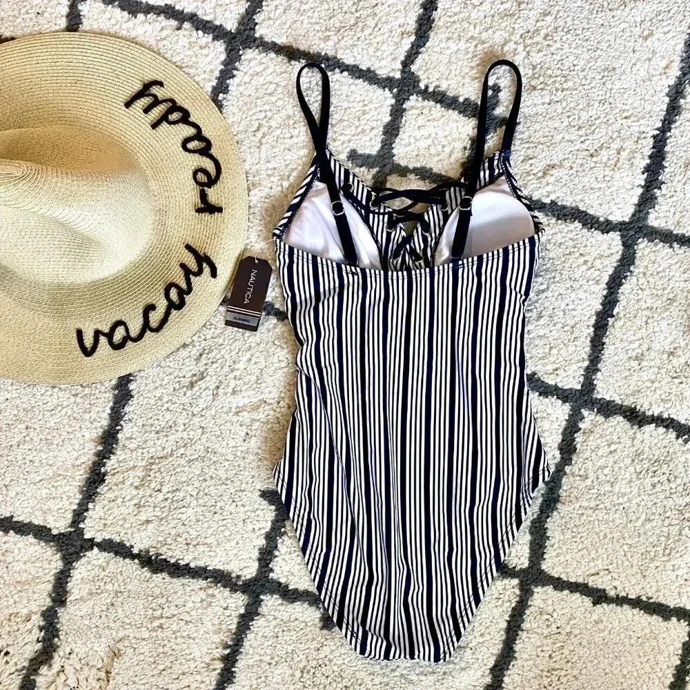 Nautica Dock Lines Lace Up One Piece Swimsuit Small